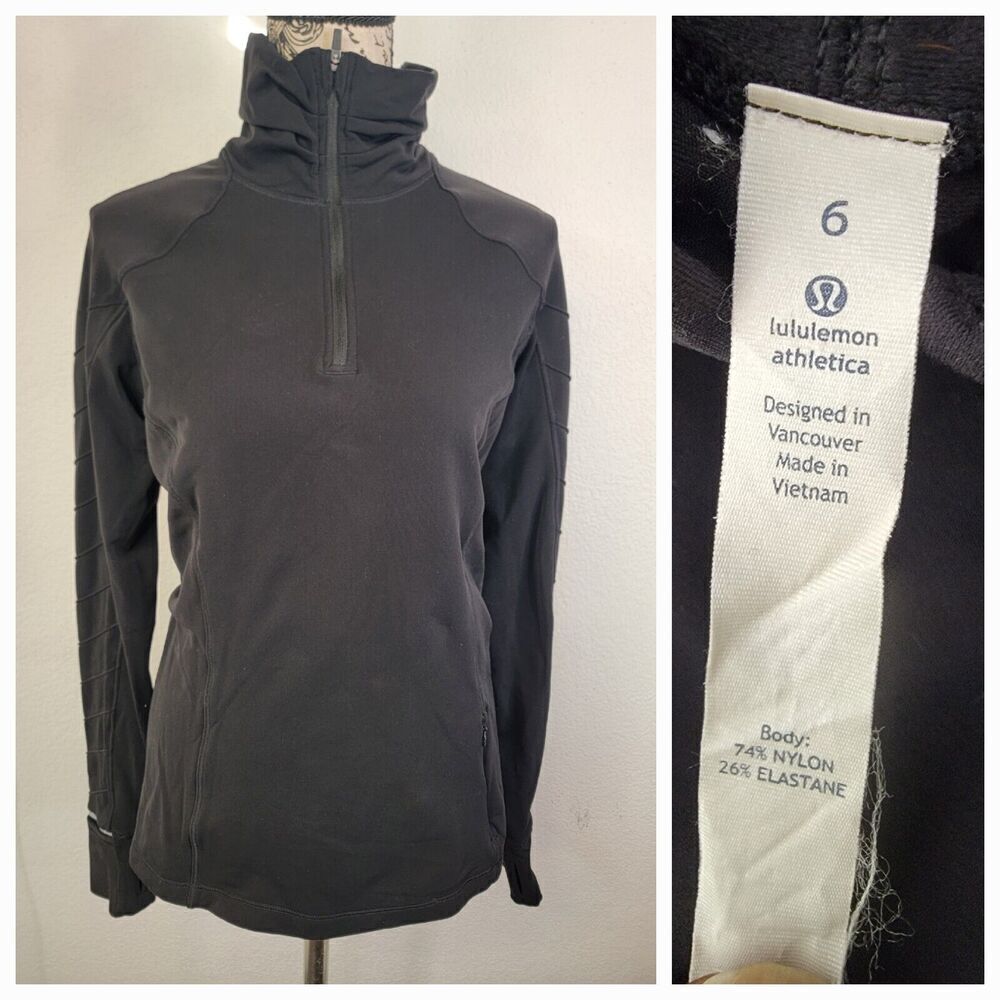 LULULEMON Sweatshirt Womens 6 Black 3/4 ZIP Reflective Performance Thumbholes